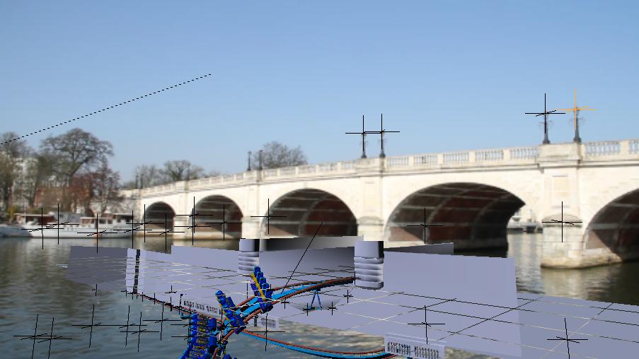 A screenshot from within Blender 3D showing a frame of a video of a bridge that crosses a river. In the river, in the place of the reflection of the bridge, is an upside down 3D bridge, with a rollercoaster coming out from one of its arches.